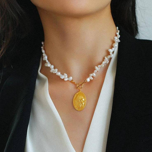 Oval Goddess Gold Coin Pearl Necklace and Earrings (Purchase Individually) - Zafari Studio Jewelry